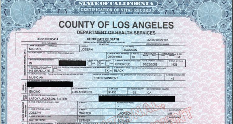 Certificatul de deces al lui Michael Jackson, completat de La Toya