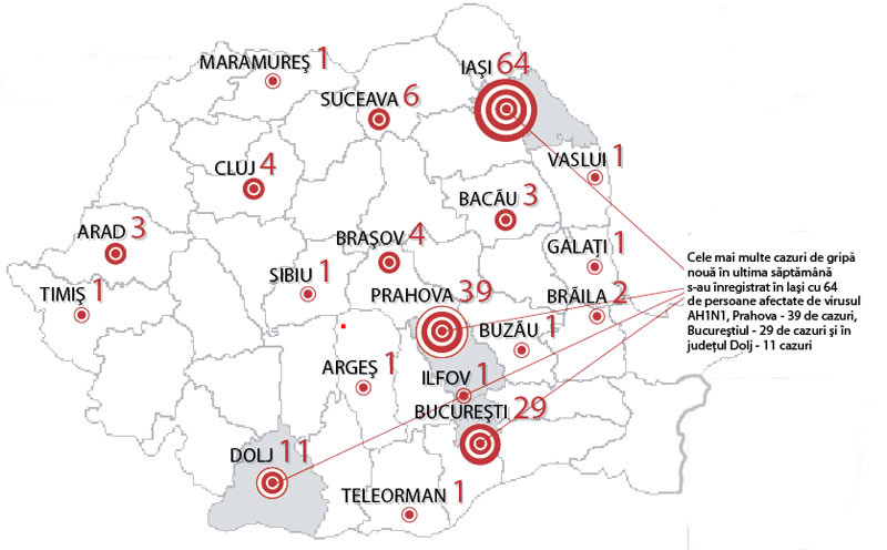 Vezi harta zonelor cu cazuri de gripa noua!