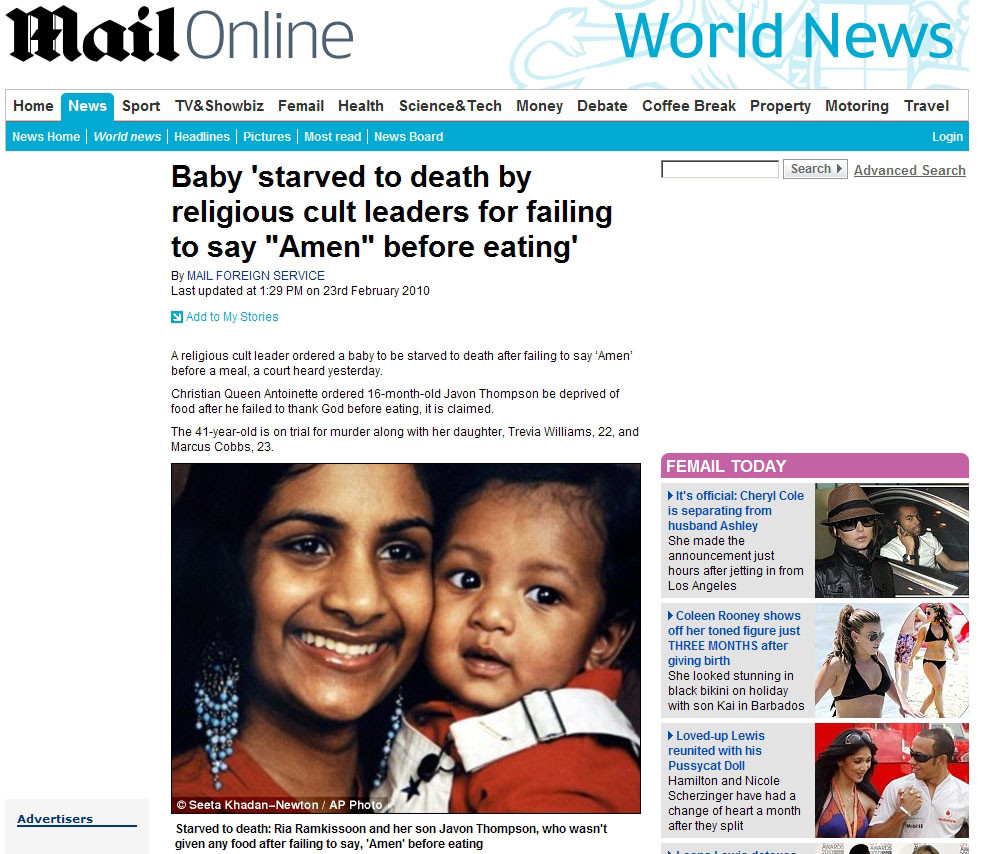 Bebelus lasat sa moara de foame pentru ca nu a spus "Amin" inainte de masa!