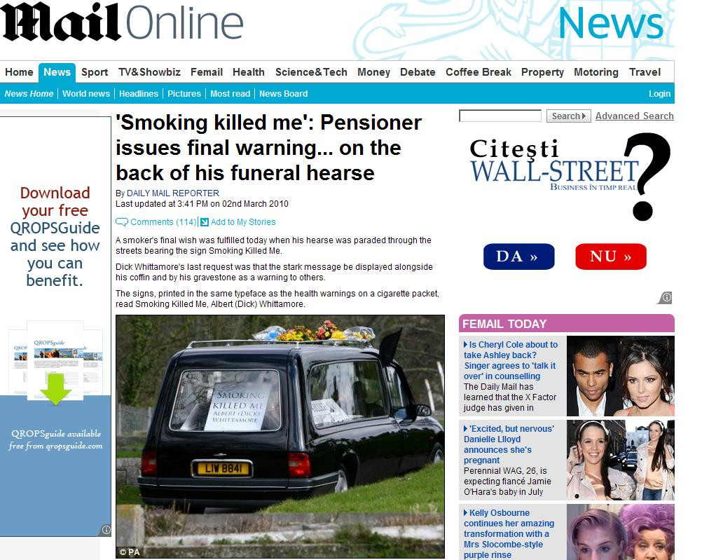 Mesaj pe dric: "Fumatul m-a bagat in mormant!" Mai pui gura pe tigara acum?