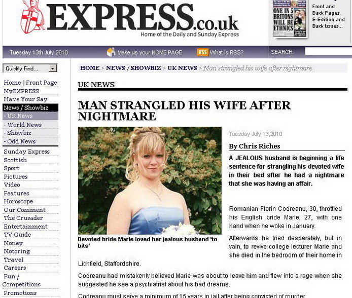 A avut cosmaruri ca sotia il insala si a omorat-o in timp ce ea dormea