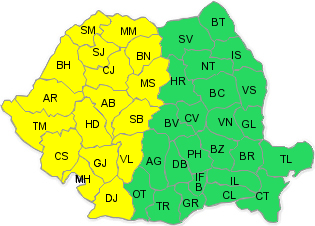 Cod galben de ploi si vijelii in 17 judete din jumatatea de vest a tarii