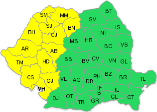 Cod galben de ploi torentiale, vijelii si grindina in vestul tarii