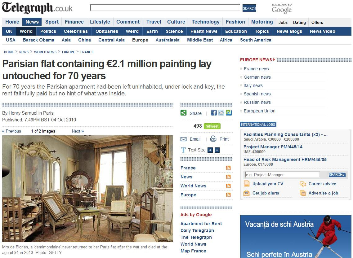 Pictura de 2,1 mil. euro, gasita intr-un apartament parasit de 70 de ani