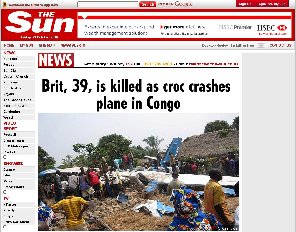 Un avion s-a prabusit din cauza unui crocodil in Congo! 20 de morti
