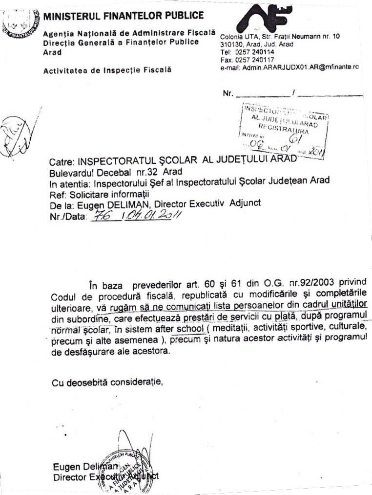 Adresa ANAF catre ISJ Arad