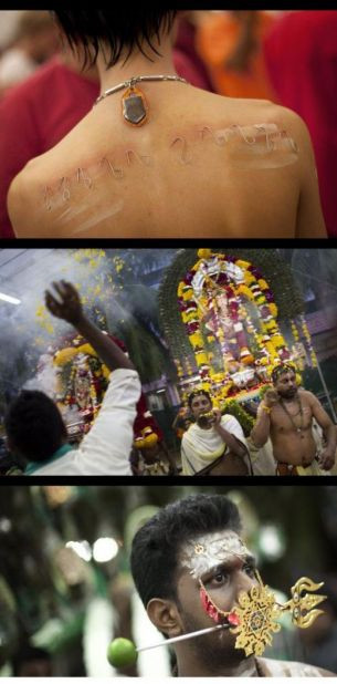 Ritualuri dureroase in Singapore: si-au gaurit pielea cu frigarui. Foto