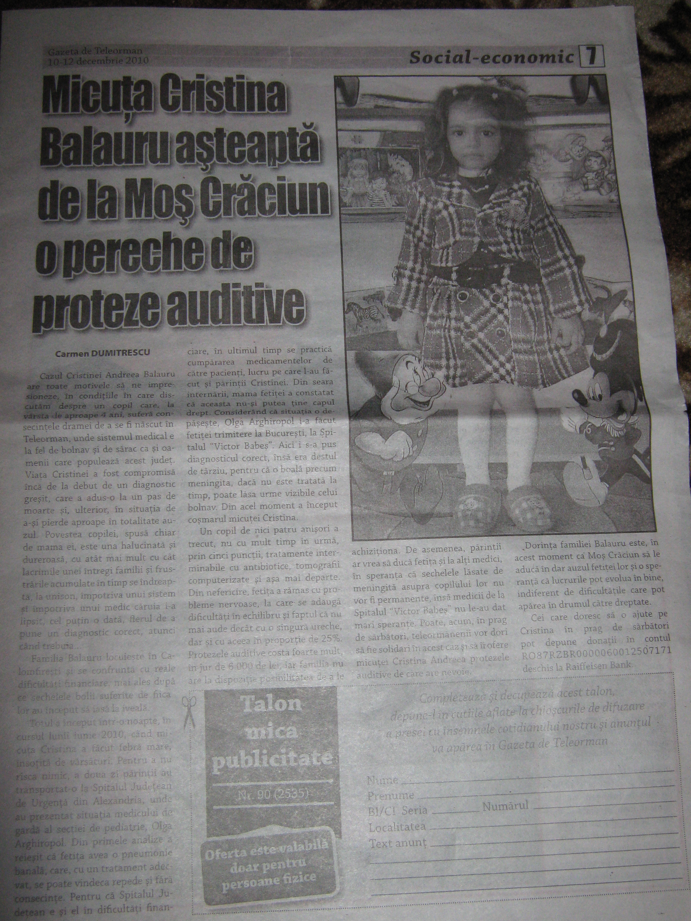 Cristina Balauru are nevoie de ajutorul nostru ca sa nu isi piarda auzul