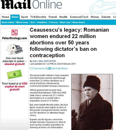Daily Mail: "Mostenirea lui Ceausescu: 22 de milioane de avorturi"