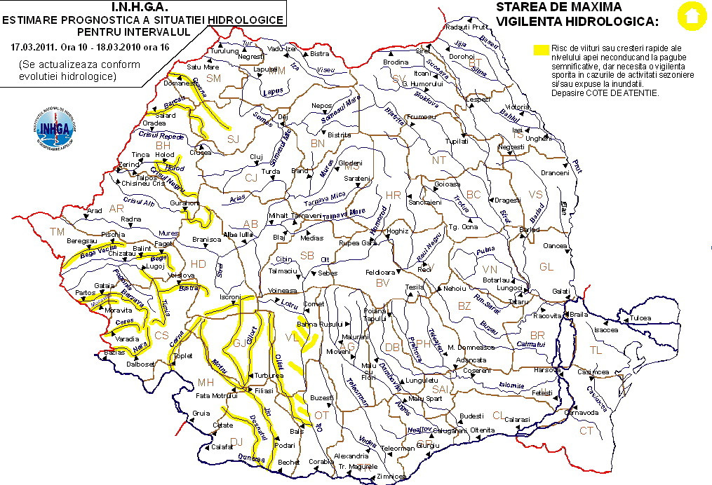 De la ora 10 suntem sub cod galben de inundatii. Harta raurilor vizate