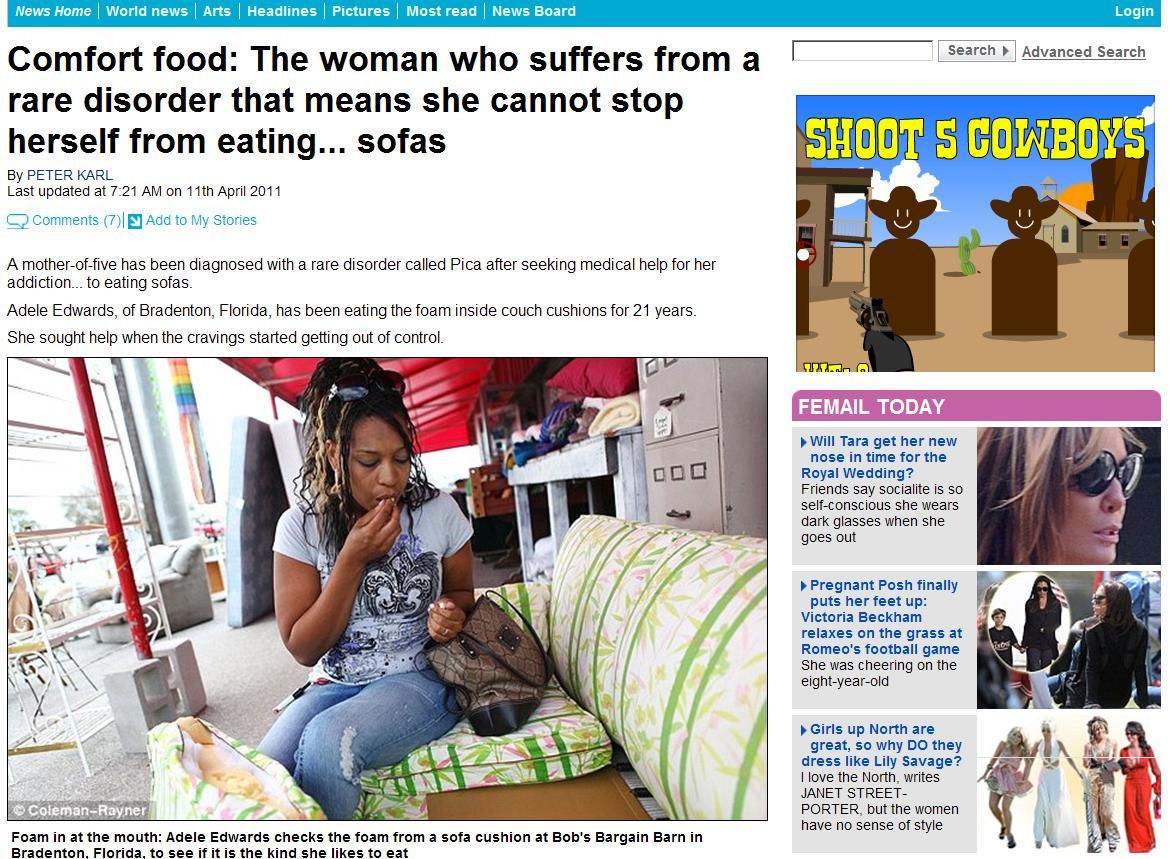 Boala rara: consuma canapele si nu se poate opri. Anul trecut a mancat 7