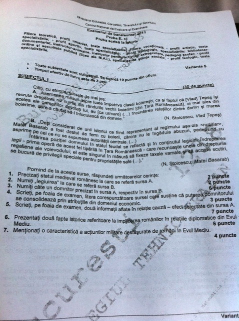 BAC 2011: SUBIECTELE LA ISTORIE