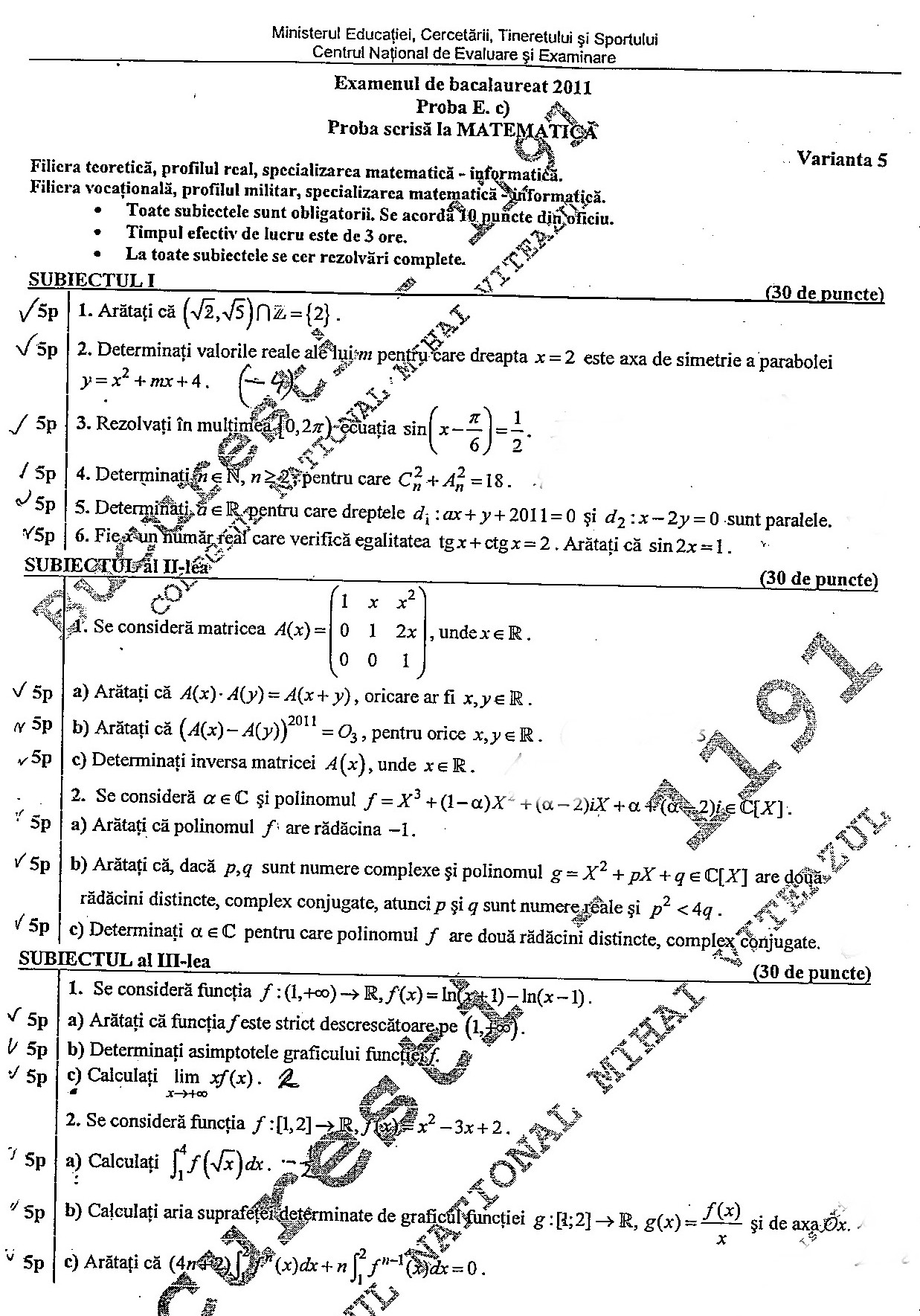 Bac 2011: Iata subiectele la matematica - M1, M2 si M4. Algebra, analiza si trigonometrie in 3 ore