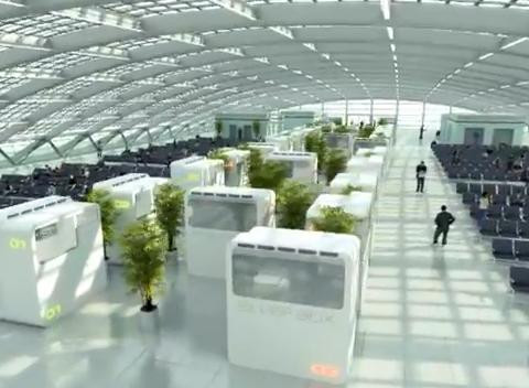 Containerul pentru dormit in aeroporturi. Are 2 paturi supraetajate, 2 mese, internet si ventilatie