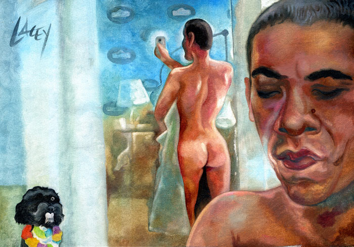 Obama, surprins NUD in pozitia "Scarlett Johansson", de un caricaturist celebru. Opera e pe eBay