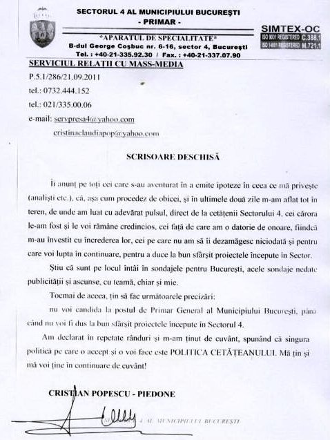 Comunicatul lui Piedone