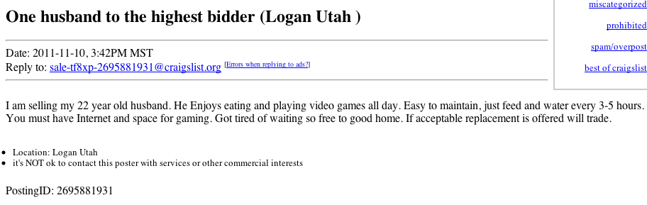 O femeie si-a scos sotul la vanzare. Anuntul care i-a surprins pe internauti