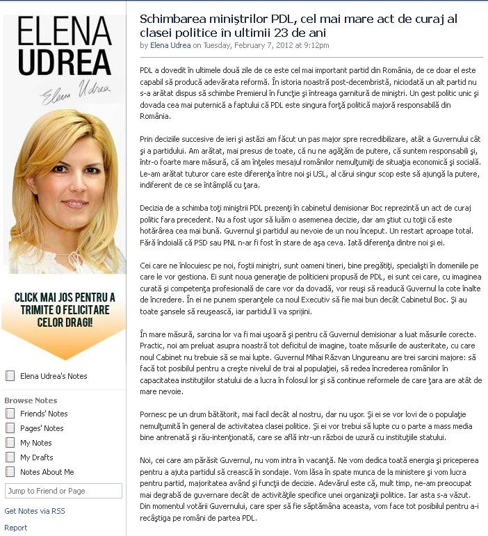 Mesajul Elenei Udrea pe Facebook