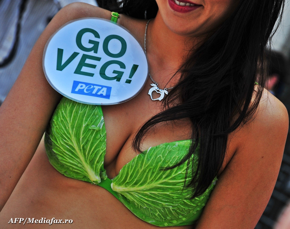 "Mananca salata, intoarce inca o frunza". Protestul fetelor de la PETA a ajuns in SUA