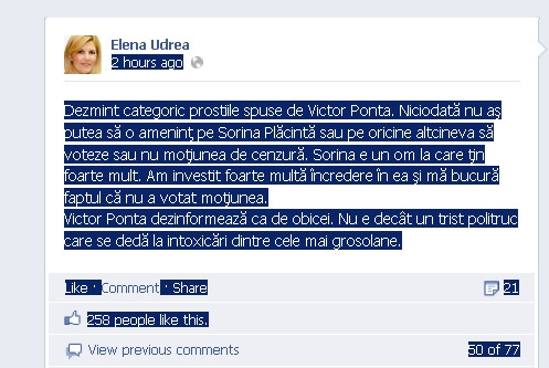 Udrea, pe Facebook: Nu am amenintat-o pe Sorina Placinta