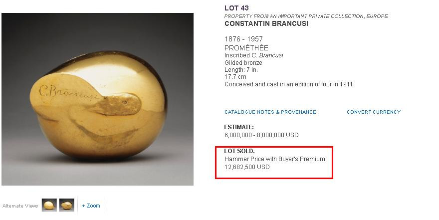 12.682.000 de dolari pentru Prometeul lui Brancusi intr-o licitatie ce a stabilit si un record la NY