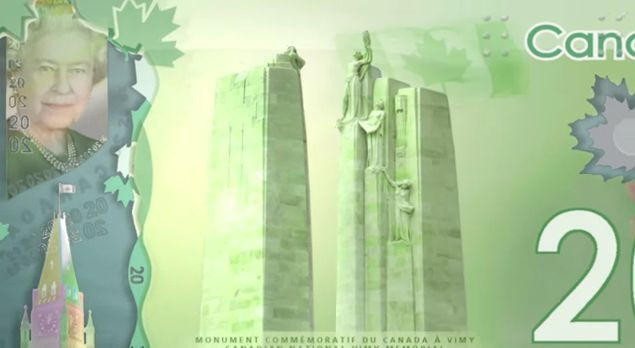 Elisabeta a II-a, cladiri asemanatoare Turnurilor Gemene si femei goale, pe o bancnota canadiana