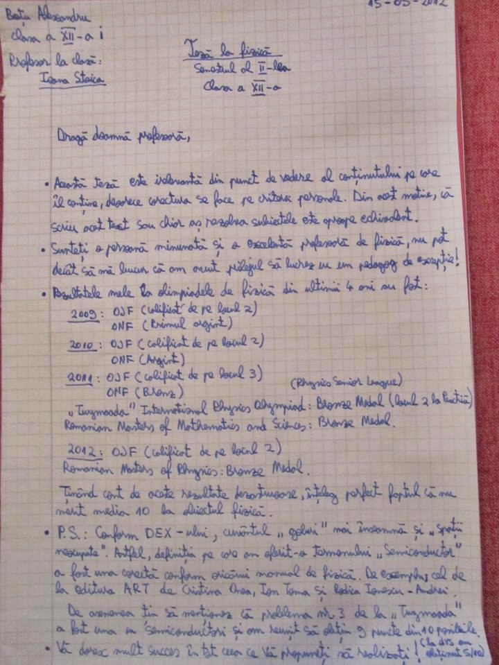Ce poate scrie un olimpic la fizica in teza de clasa a XII-a. Lucrarea a ajuns viral pe internet