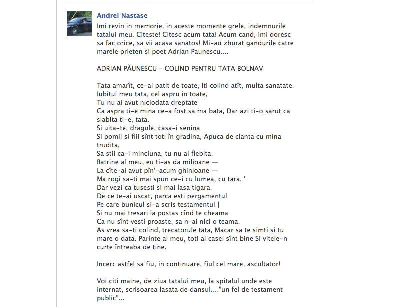 Mesajul emotionant postat de Andrei Nastase pe Facebook. Ce poezie i-a dedicat fostului premier