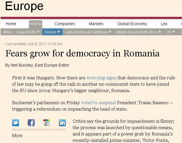 Financial Times: "Temeri pentru democratia din Romania"