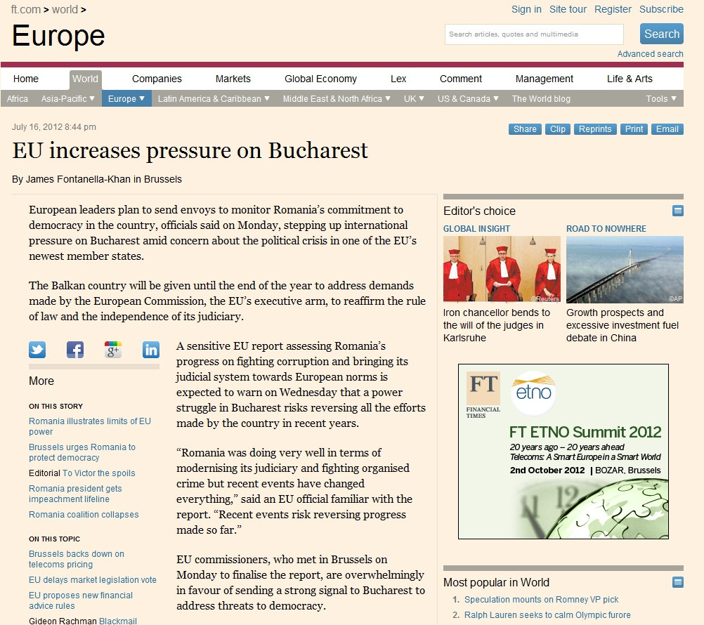 Financial Times: UE intensifica presiunea asupra Bucurestiului. "Evenimentele recente schimba totul"