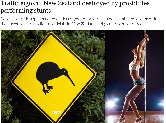 Zeci de semne de circulatie din Noua Zeelanda au fost indoite si rupte de prostituate