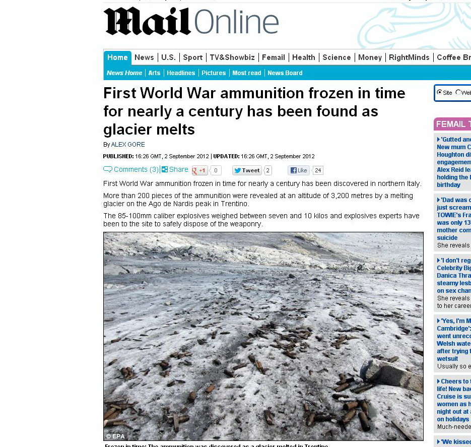 Inghetate in timp. Bombe si gloante, vechi de aproape un secol, au fost descoperite in Italia