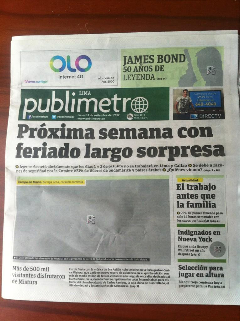 Gafa de necrezut a unui ziar din Peru. Au tiparit prima pagina, dar au uitat sa adauge si pozele