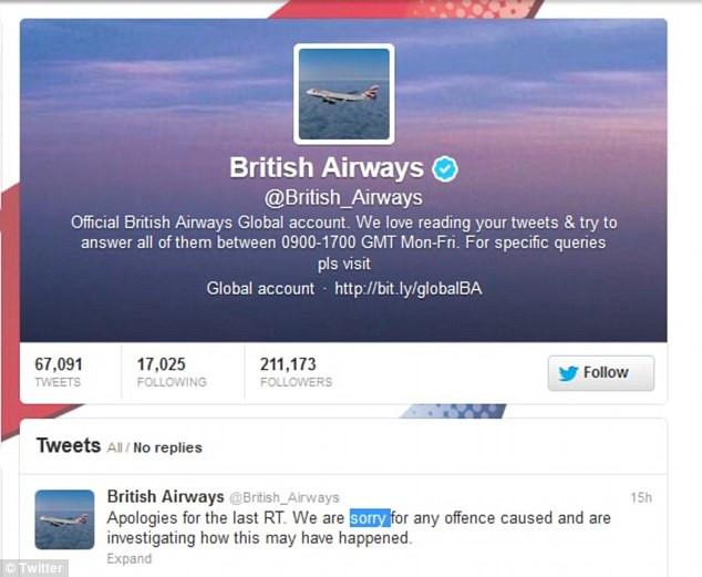 mesaj Twitter, British Airways