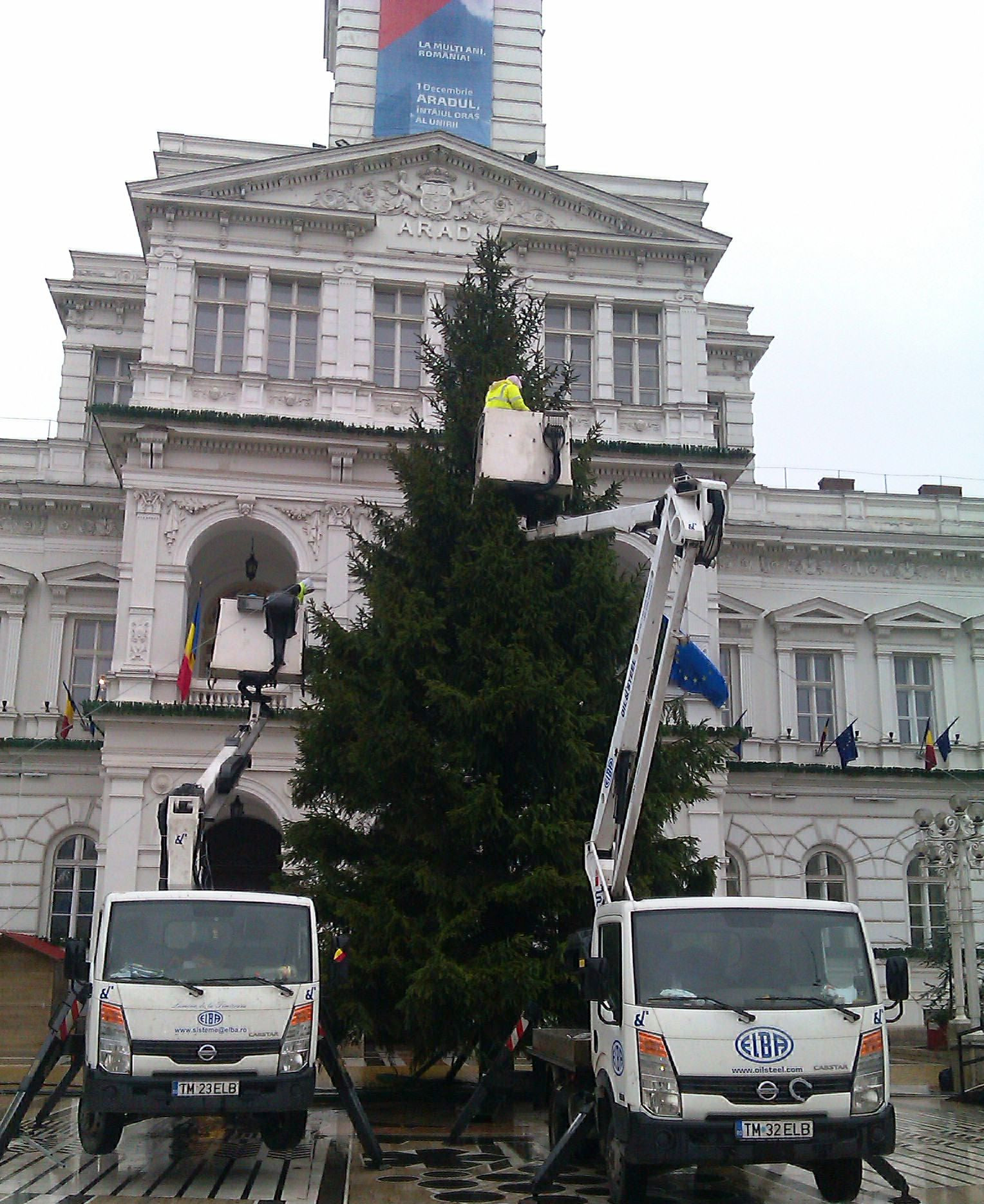 Odata cu primii fulgi de nea a fost instalat si bradul de Craciun in fata Primariei Arad