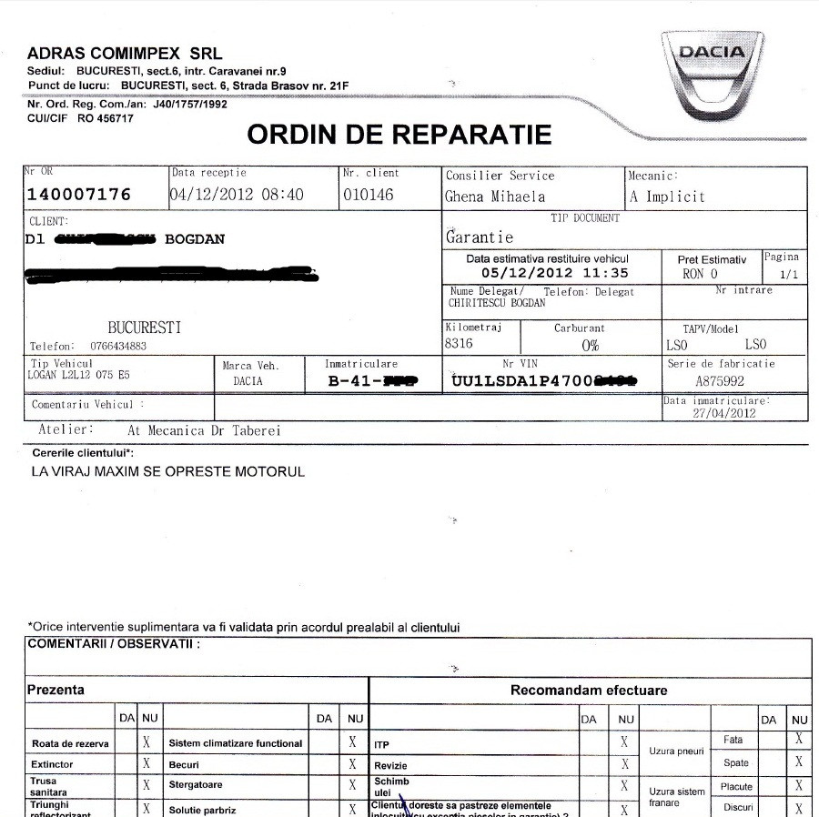 Defectiune incredibila, reparatie imposibila, explicatie oficiala uluitoare a service-ului Dacia