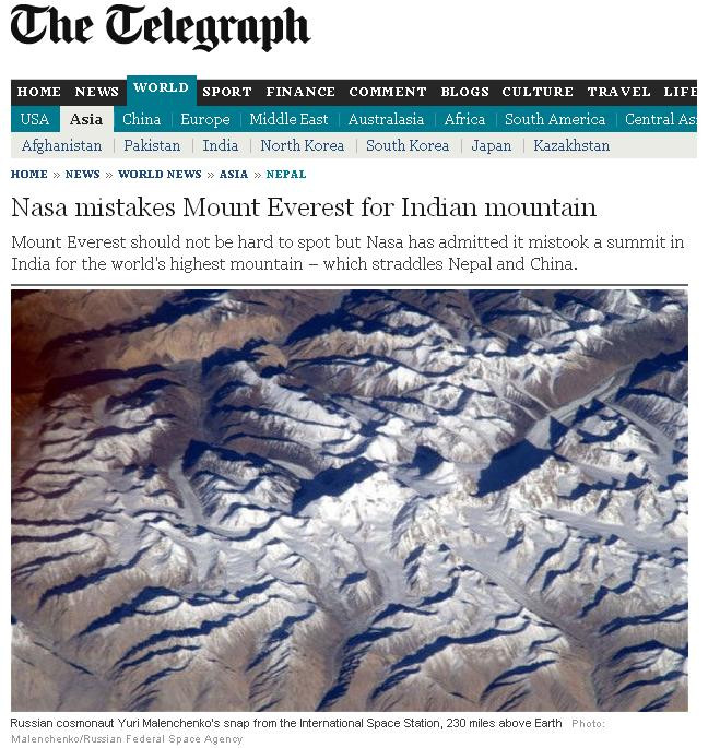 NASA a confundat varful Everest cu un munte indian, starnind indignare in Nepal