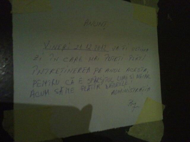 Anuntul pentru locatarii unui bloc din Capitala. Administratia se teme de ... "sfarsitul lumii".FOTO