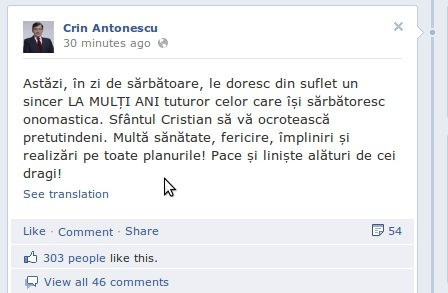 Gafa facuta de Crin Antonescu pe Facebook: "Sfantul Cristian sa va ocroteasca pretutindeni"