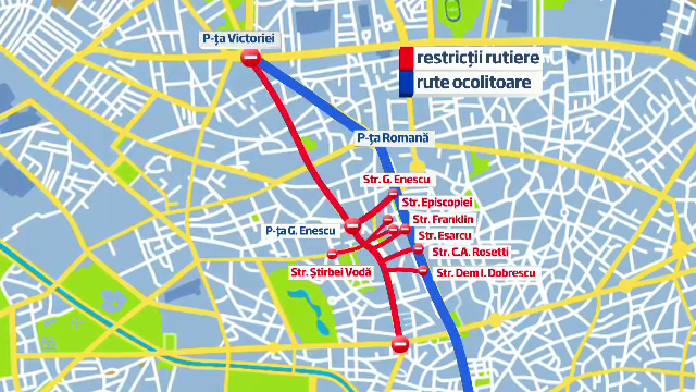 Harta restrictiilor rutiere din Capitala, in noaptea de Revelion. Programul Metrorex si RATB