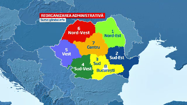 Cum ar arata harta Romaniei dupa reforma administrativa. Opt regiuni cu bugete proprii si presedinti