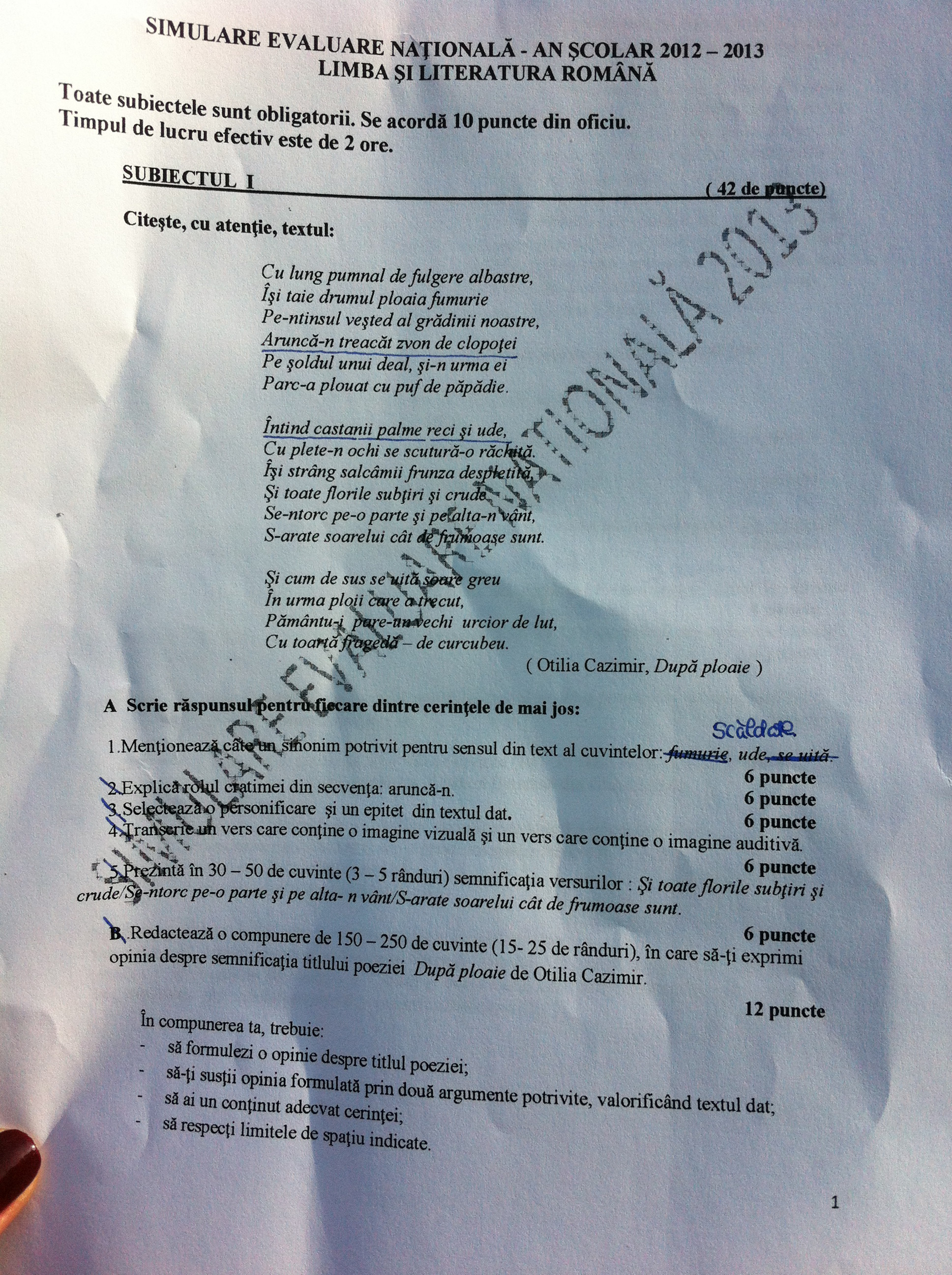 Evaluarea Nationala 2013. Subiectele de la simulare la Limba si literatura romana