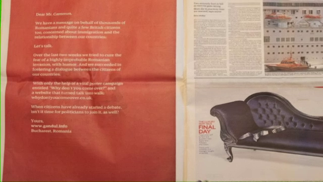 Mesajul campaniei Gandul, "Why don't you come over", aparut in ziarul Guardian pentru David Cameron