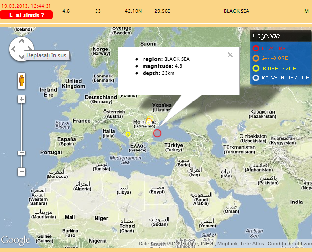 Cutremur cu magnitudinea de 4,8, inregistrat marti in Marea Neagra