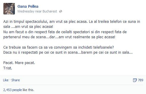 Mesaj Oana Pellea Facebook