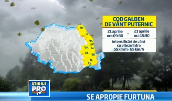 Cod galben de vant puternic in 9 judete din estul si sud-estul tarii, pana la ora 15:30