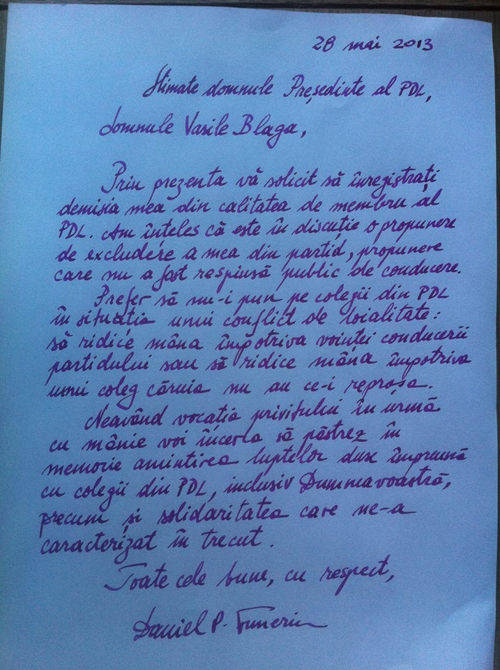 Funeriu a demisionat din PDL, printr-o scrisoare adresata lui Vasile Blaga. FOTO