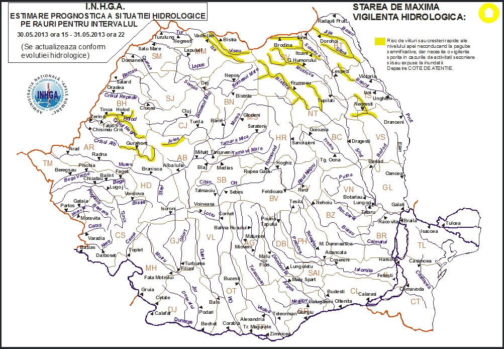 Cod galben de inundatii emis de hidrologi pentru zece judete. Zonele vizate