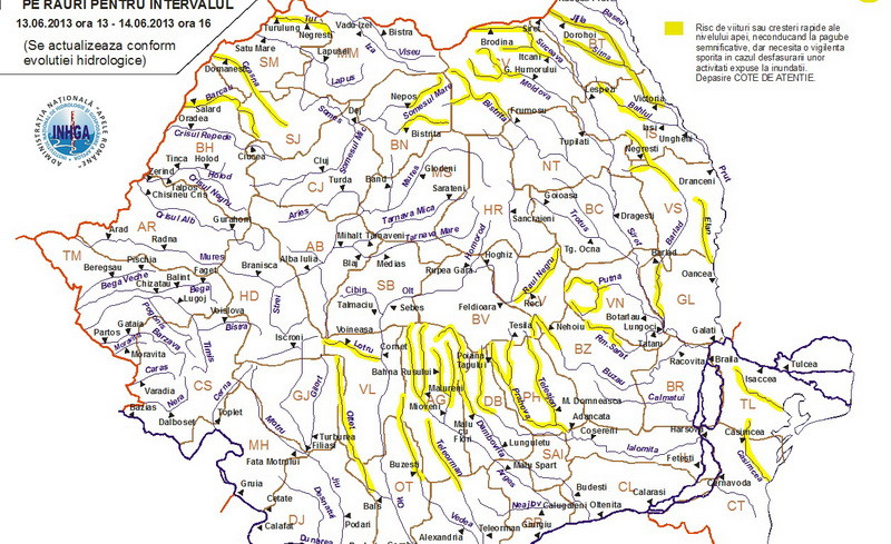 Cod GALBEN de inundatii in jumatate de tara, pana astazi la ora 16.00. Harta zonelor afectate