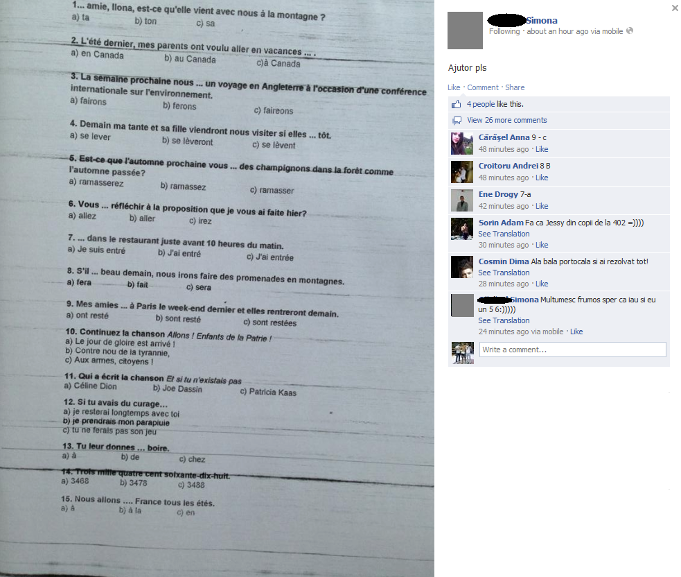 O eleva din Romania si-a pus lucrarea la franceza pe Facebook ca prietenii s-o ajute sa copieze